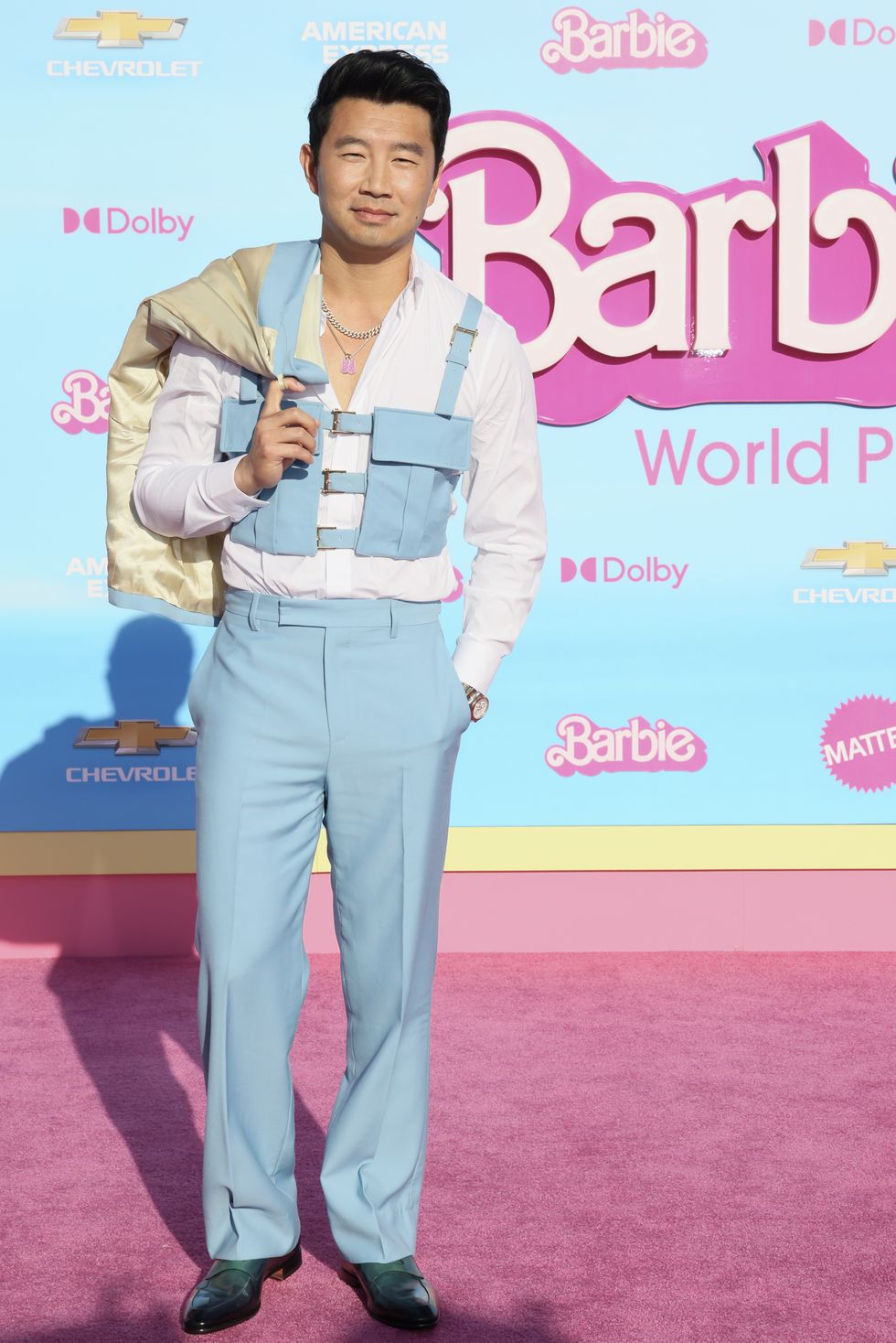 Simu Liu stands out in light blue Versace suit at 'Barbie' premiere
