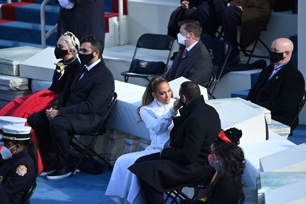 lady gaga and michael polansky near jennifer lopez and alex rodriguez during the inauguration