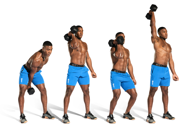 demonstration of a dumbbell shoulder press exercise