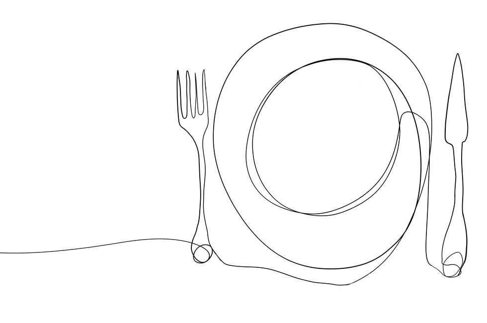 single line drawing of a plate and cutlery