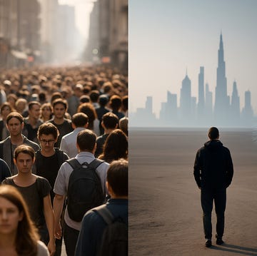 contrasting scenes of a crowded street and a lone figure facing a futuristic city skyline contrasting scenes of a crowded street and a lone figure facing a futuristic city skyline