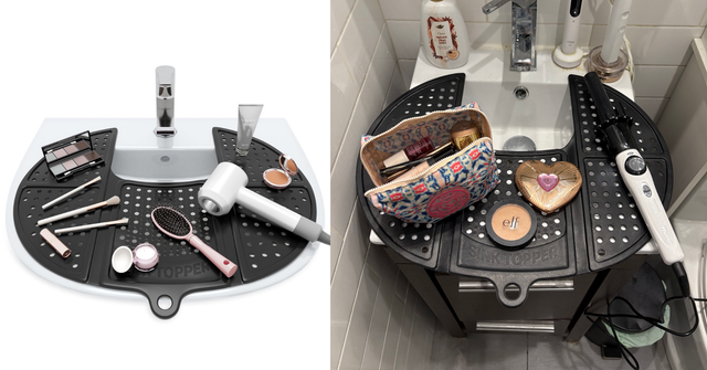 sink topper with makeup and curling iron on my sink