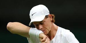 london, england july 14 jannik sinner of italy looks dejected during the mens singles semi final against novak djokovic of serbia on day twelve of the championships wimbledon 2023 at all england lawn tennis and croquet club on july 14, 2023 in london, england photo by clive brunskillgetty images