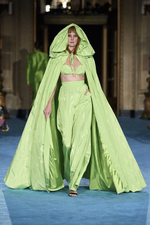 christian siriano green cape and pant set in moire silk