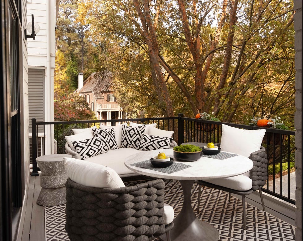 balcony with black and white graphic decor