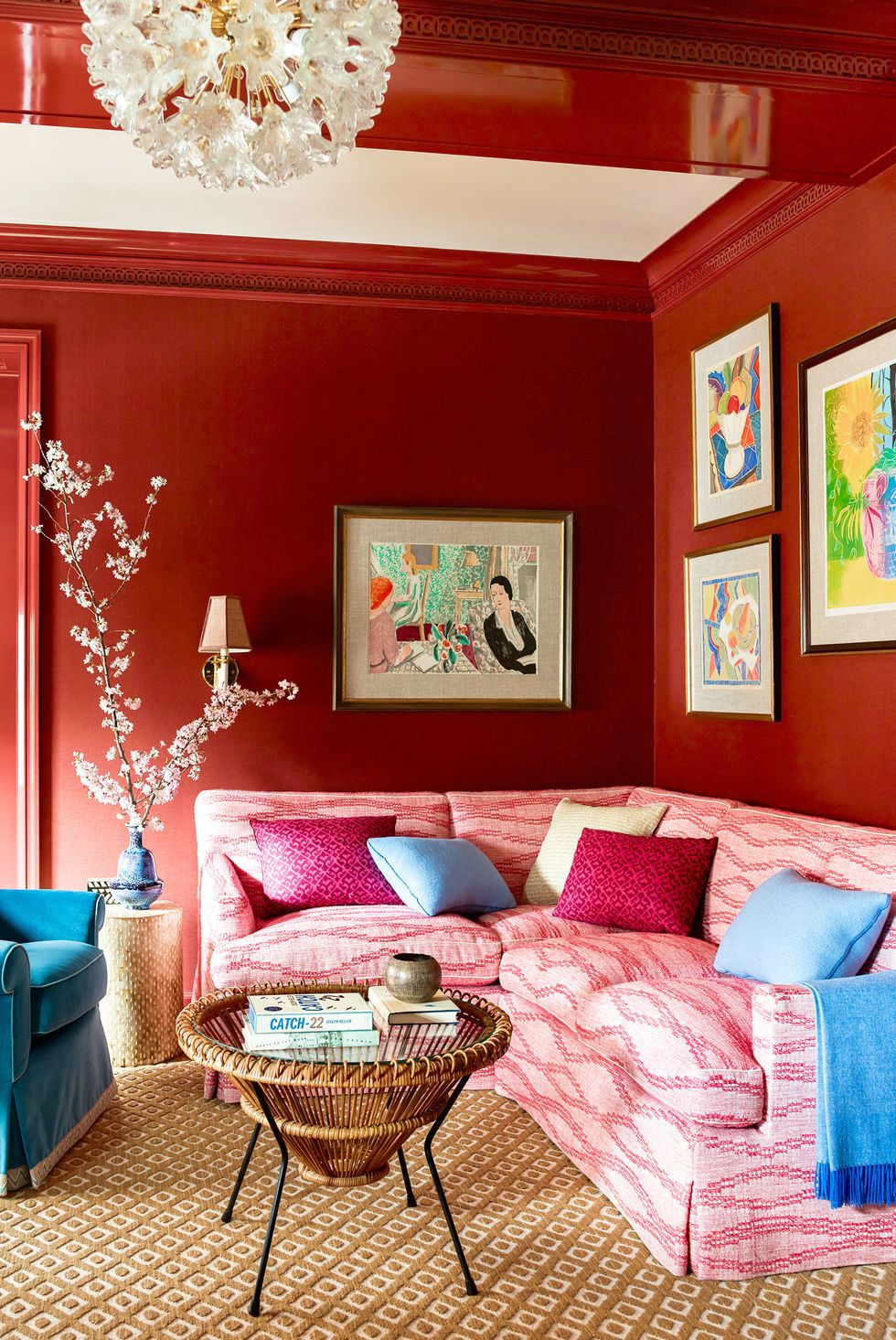 living room, room, furniture, interior design, pink, turquoise, red, property, green, wall,