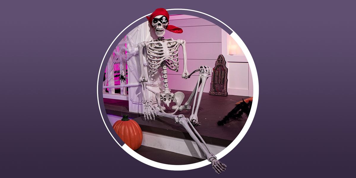 pirate skeleton sitting on front porch
