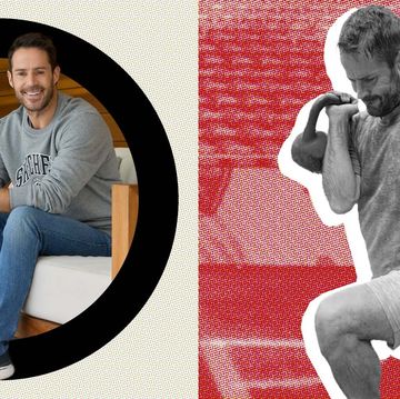 two photos of jamie redknapp, sitting down and working out