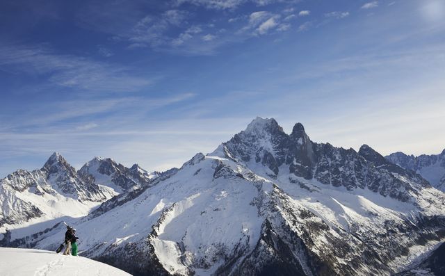 ski and snowboarder looking over mont blanc