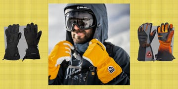 various styles of winter gloves displayed alongside a person wearing a yellow and black pair