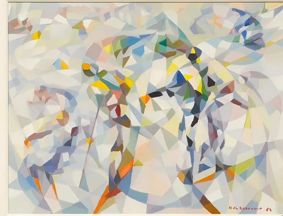 abstract artwork featuring dynamic forms of figures in vibrant colors