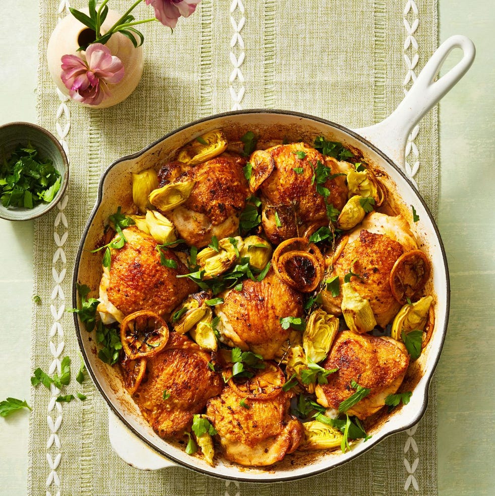 lemon chicken and artichokes in a skillet