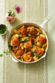 lemony chicken and artichokes in a skillet