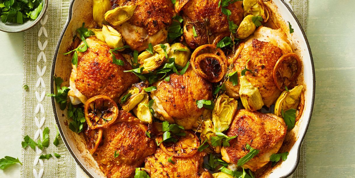lemony chicken and artichokes in a skillet