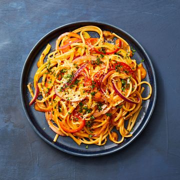 skillet pepper pasta on a blue background