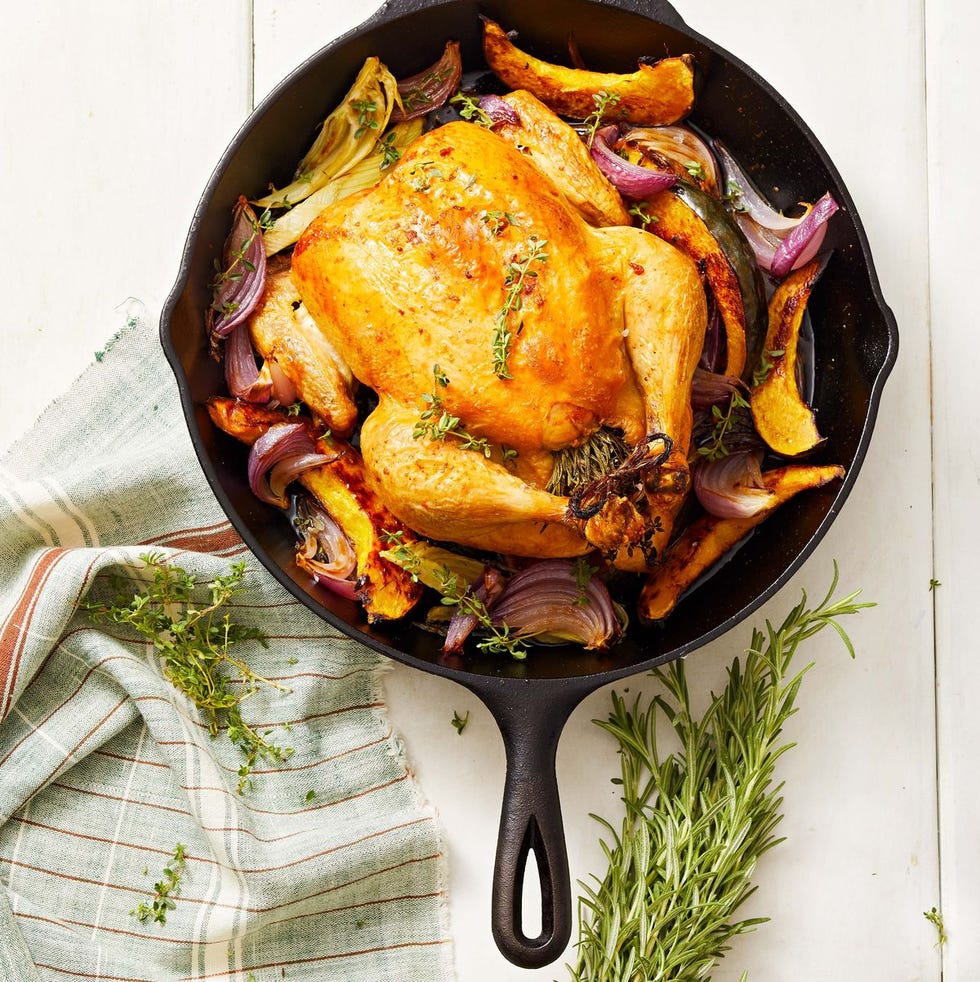 roasted chicken in a cast iron pan