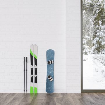 Skis and snowboard at a wall with view to winter landscape, 3d rendering