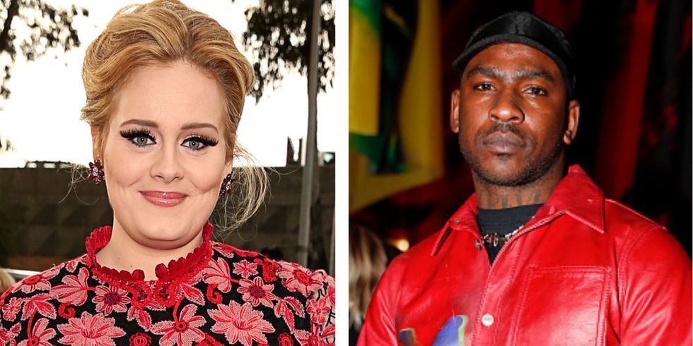 two photos side by side on the left, adele poses in a pink and black dress at an event on the right skepta poses at a separate event, dressed in a red jacket and black baseball hat