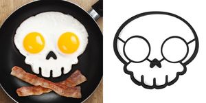 skull eggs and bacon next to a photo of the skull mold