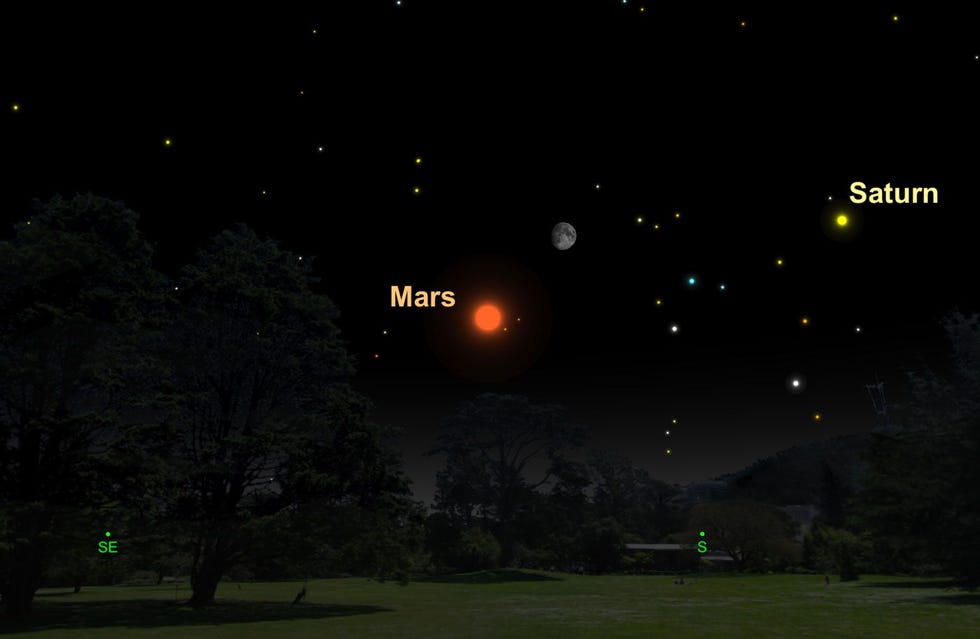 Mars en de maan zullen op 22 en 23 augustus een fraai duo vormen