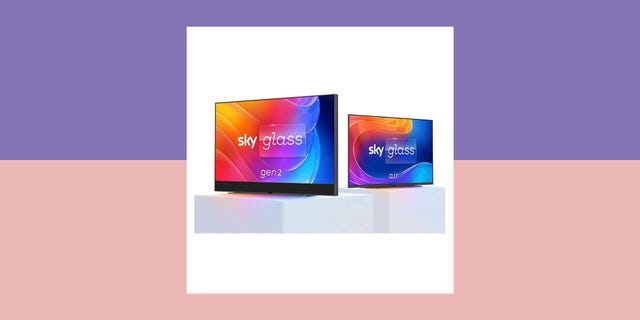 display of two sky glass television models showcasing their branding