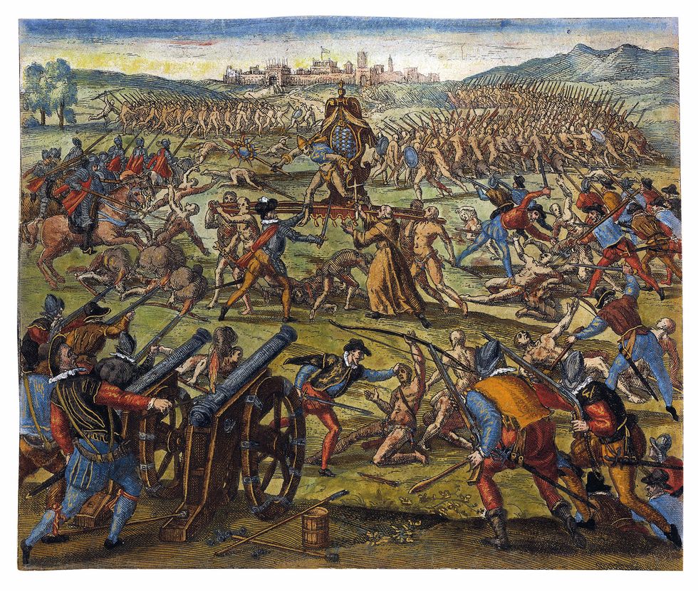 Op 16 november 1532 wisten Pizarro enzijn mannen de Inca Atahualpa op de Plaza de Cajamarca naeen bloedige strijd te verslaan