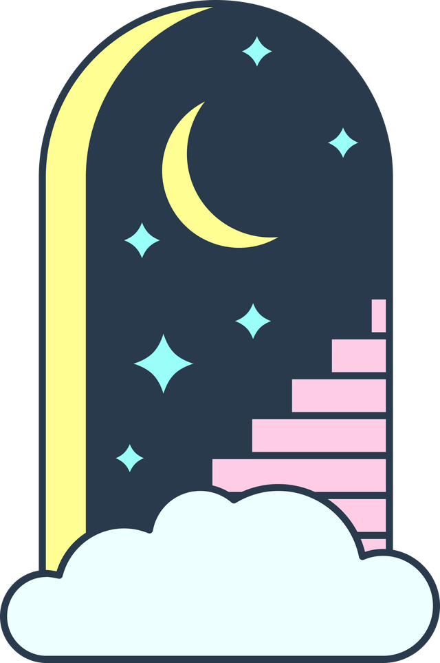stylized night sky with a crescent moon stars and stairs leading to clouds