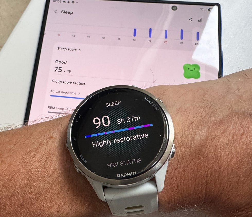 a smartwatch showing a sleep score vs a sleep score from an app on a tablet