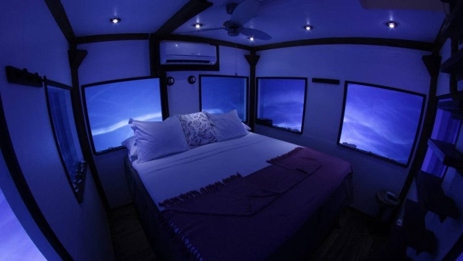 Blue, Room, Bedroom, Purple, Photography, Furniture, Bed, Cabin, Building, House, 