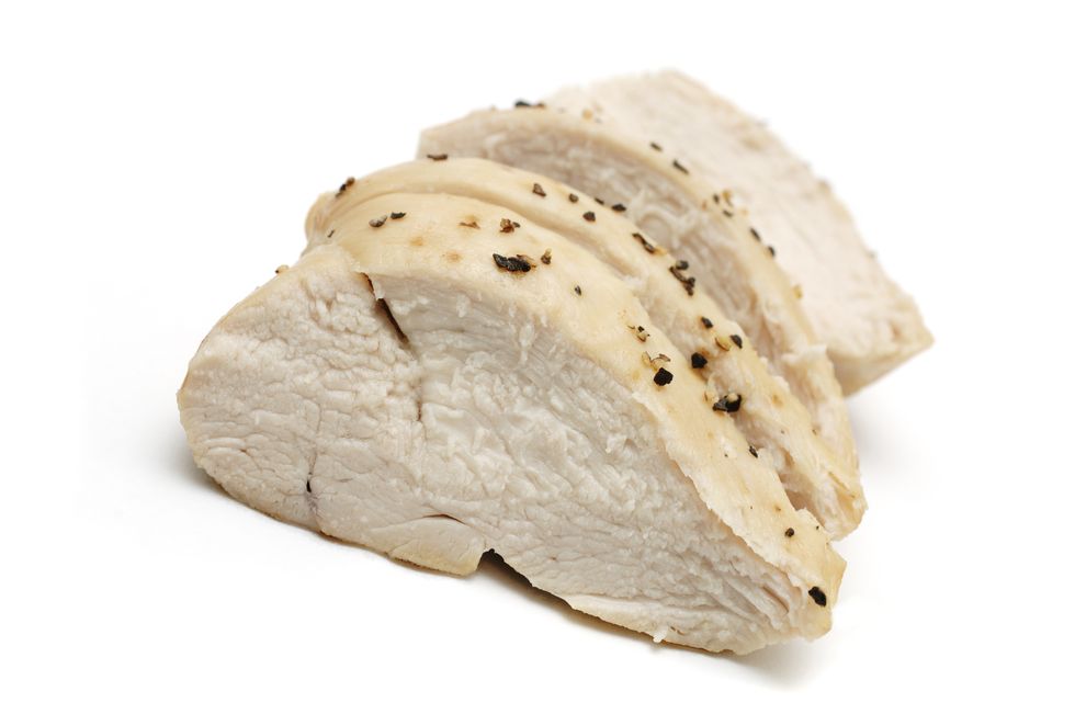 sliced cooked chicken breast against white