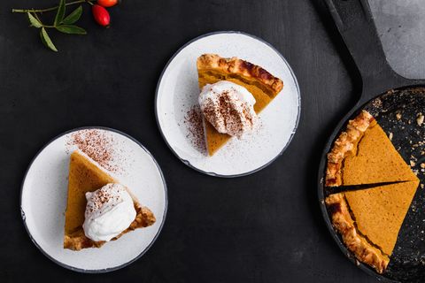 Slices of pumpkin pie served on plate