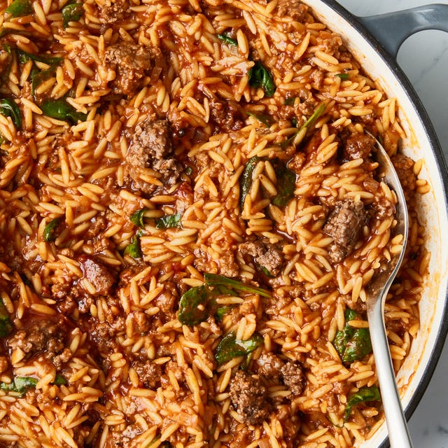 Sloppy Joe Orzo orzo in a tomato sauce with meatballs and basil