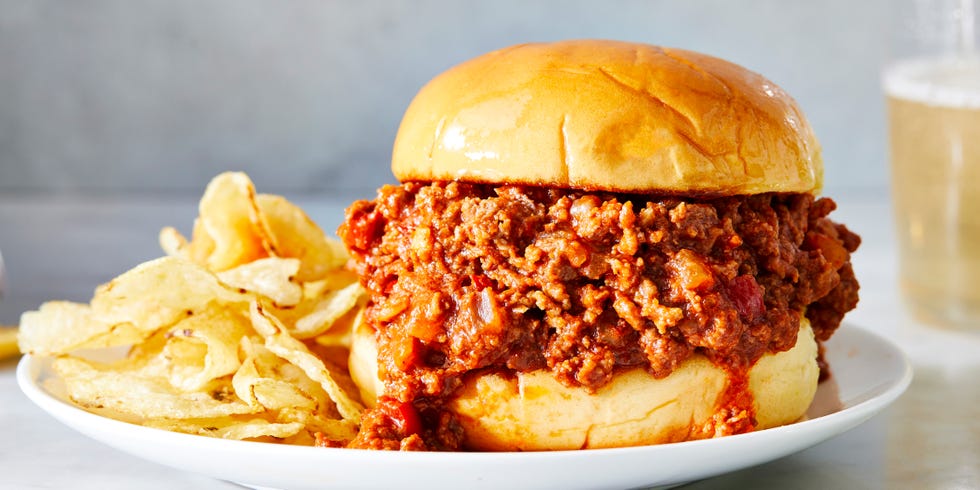 sloppy joes served on a toasted bun with chips