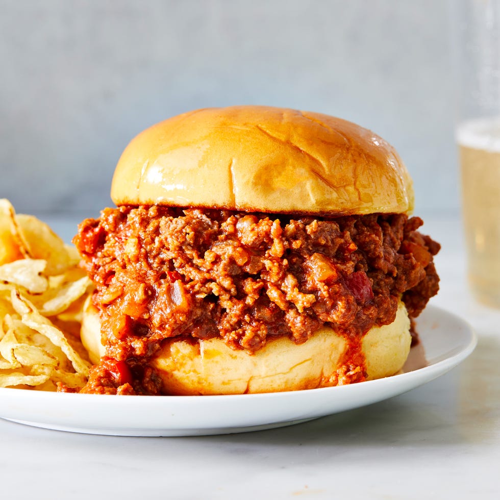 sloppy joes served on a toasted bun with chips
