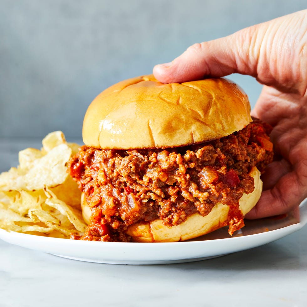 sloppy joes served on a toasted bun with chips