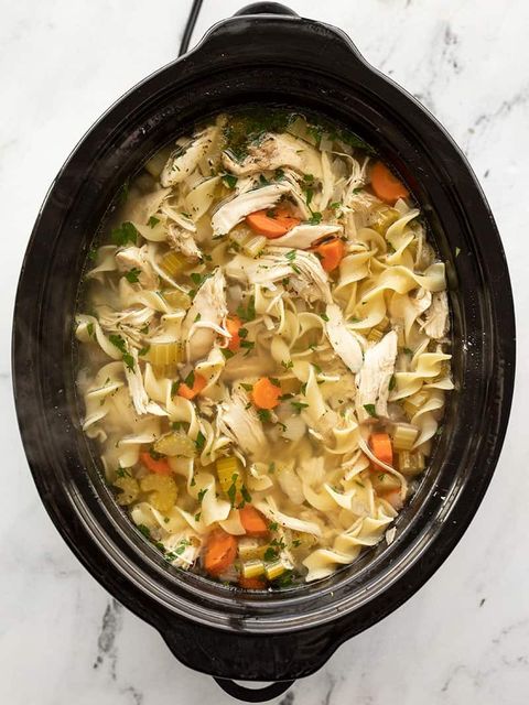 slow cooker chicken noodle soup in crockpot