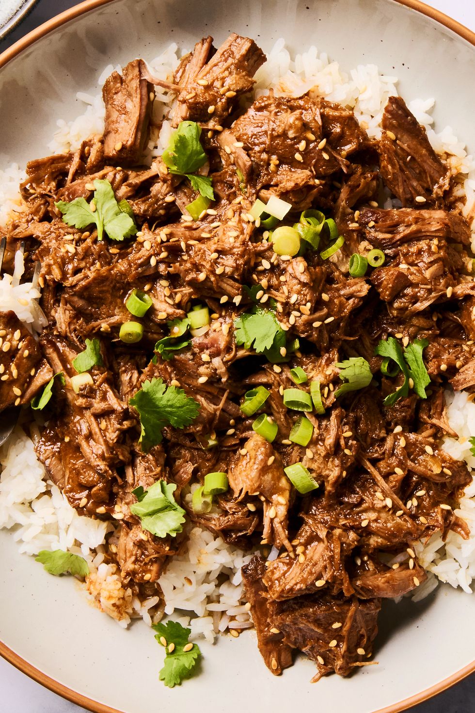 saucy korean style beef in a slow cooker with green onions