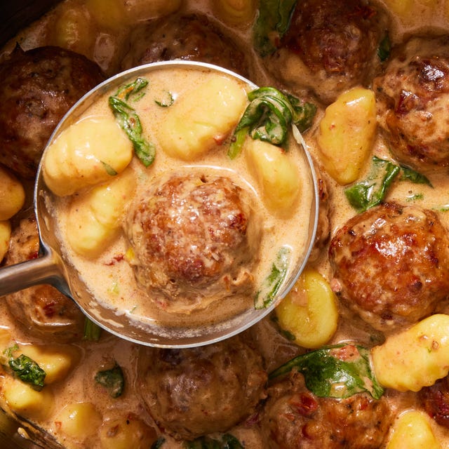 chicken meatballs and gnocchi in a creamy tuscan sauce