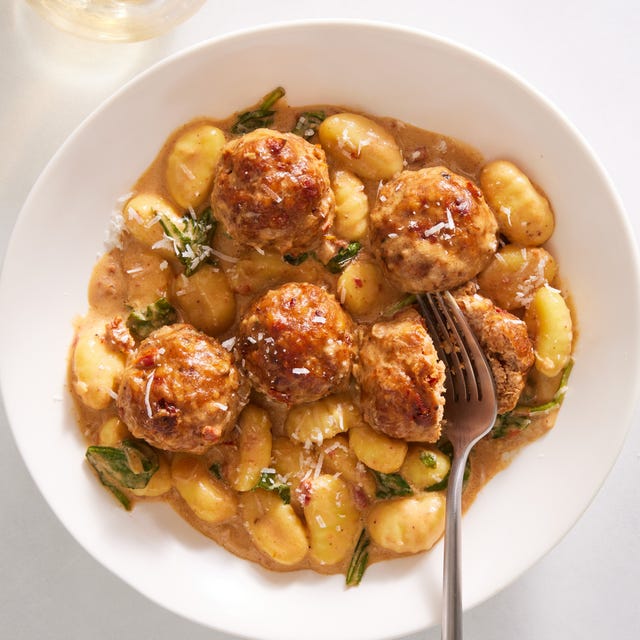 chicken meatballs and gnocchi in a creamy tuscan sauce