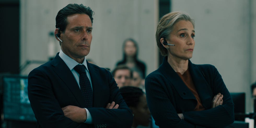 kristin scott thomas as diana taverner and james callis as claude whelan in slow horses