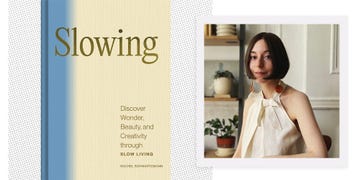 rachel schwartzmann next to the cover of her book slowing