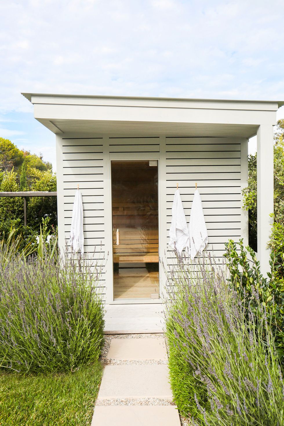 free standing sauna in garden
