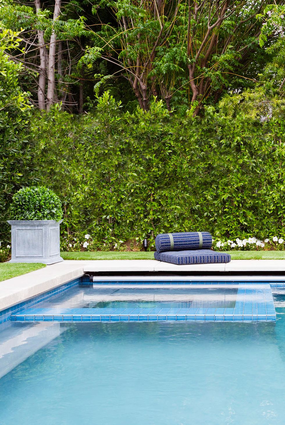 pool with hedge wall and floor cushions behind it