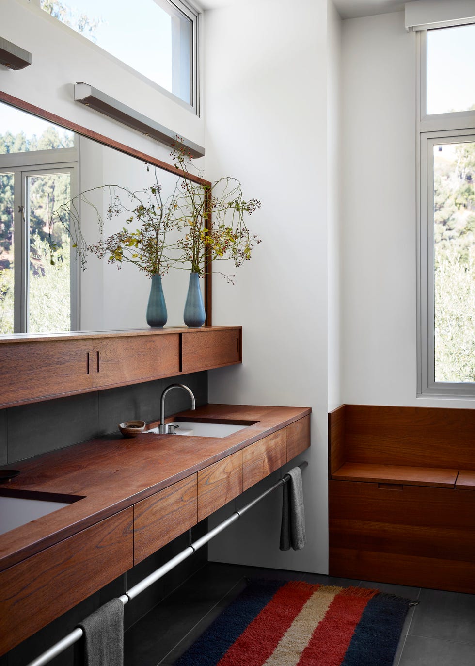 bathroom the designer chose minimal finishes and millwork that didnt distract from the nature outside paint all white, farrow ball sconces rich brilliant willing millwork teak, northstar cabinet construction