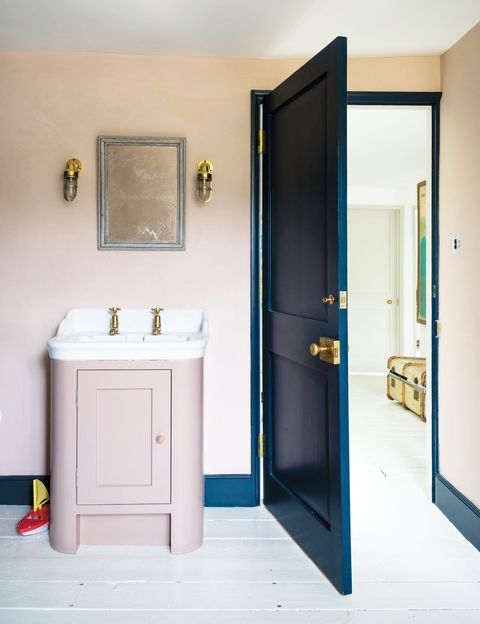 bathroom with pink and marine blue paint