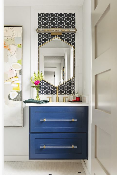 small bathroom storage ideas, blue vanity with hexagon mirror
