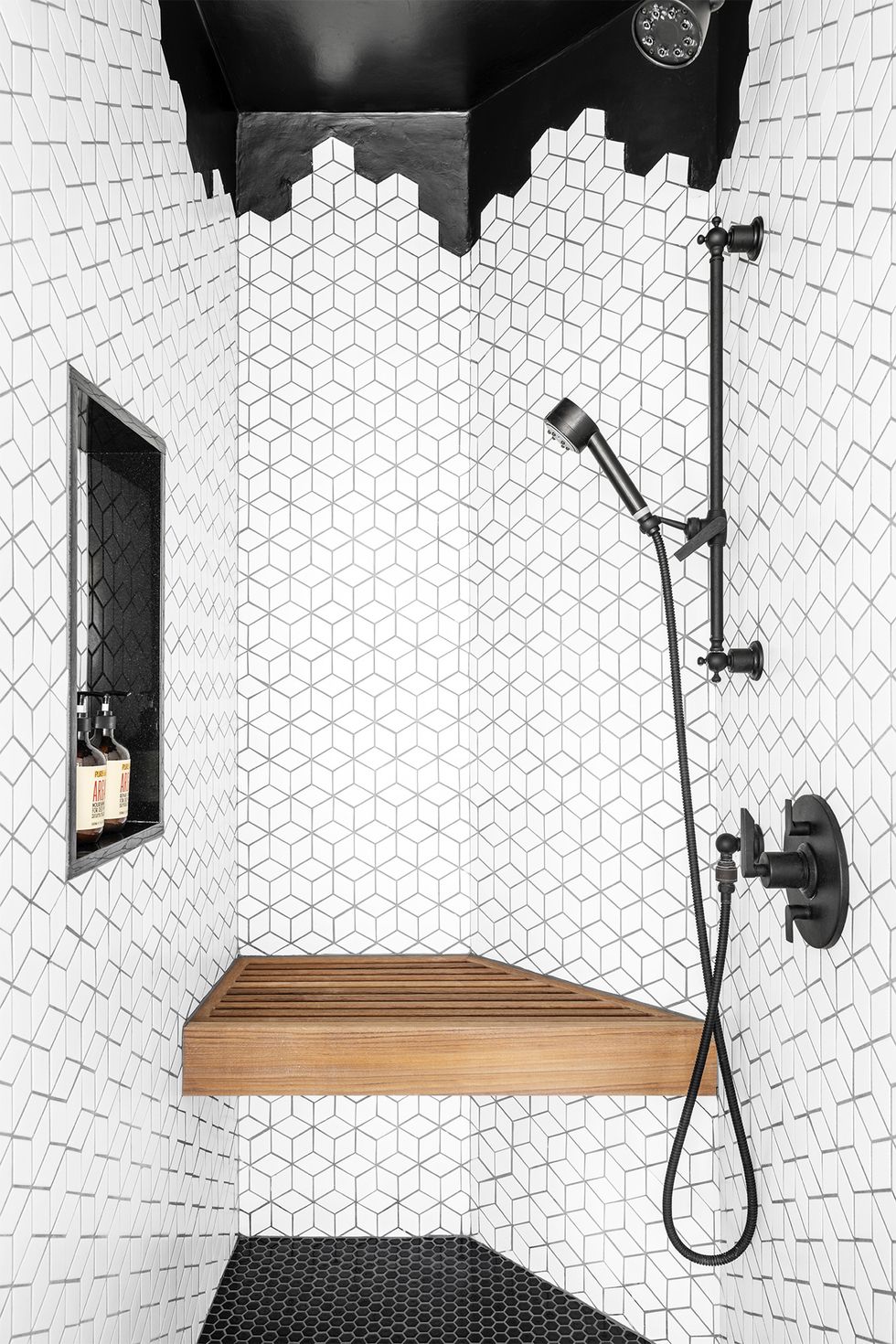 bathroom storage ideas, black and white tile walk in shower