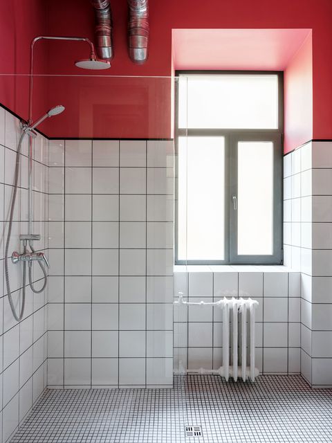 tile, bathroom, room, red, property, floor, architecture, interior design, wall, plumbing fixture,