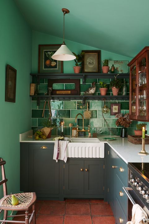 small green kitchen, farmworker's cottage in county durham
