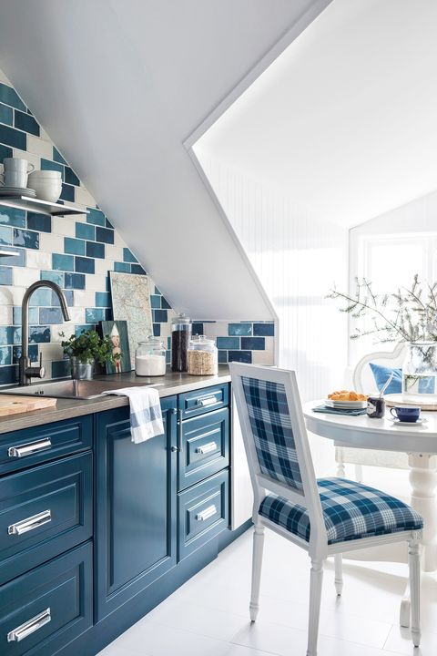 small blue and white kitchen